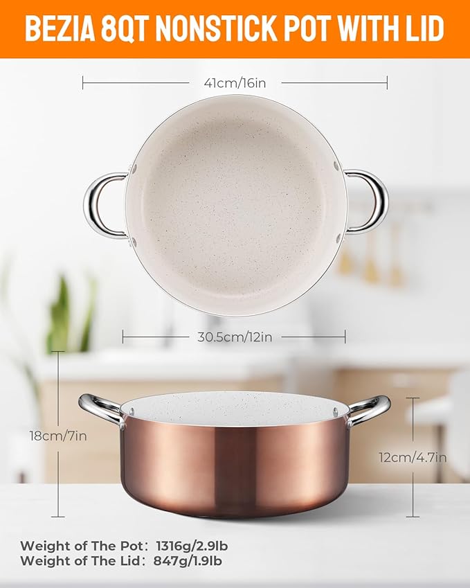 BEZIA Large 8 Quart Nonstick Cooking Pot with Lid, Induction Stock Pot, Soup Pot for All Stovetops, Non-toxic and Oven Safe, PFOA PFAS Free, Golden