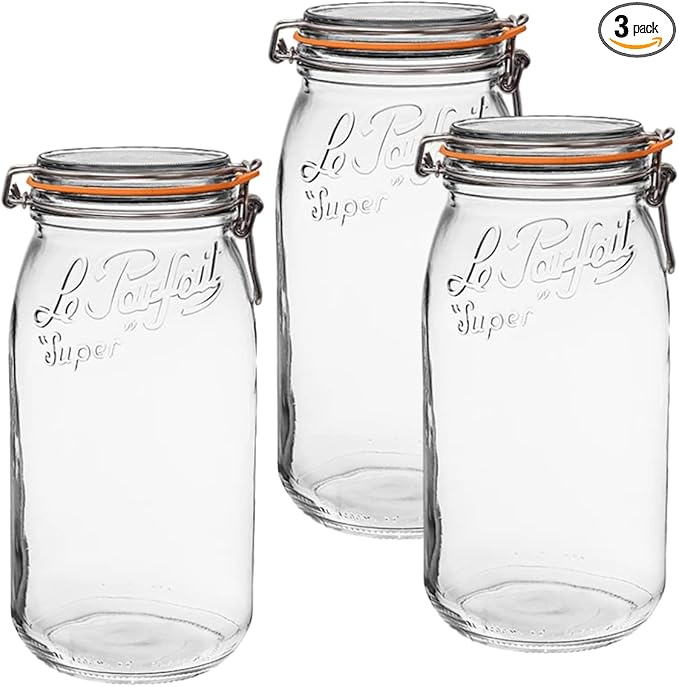 Le Parfait Super Jar - 3L French Glass Canning Jars, Wide Mouth, Airtight Lid (96oz/3 Quarts, 3 pk CP)