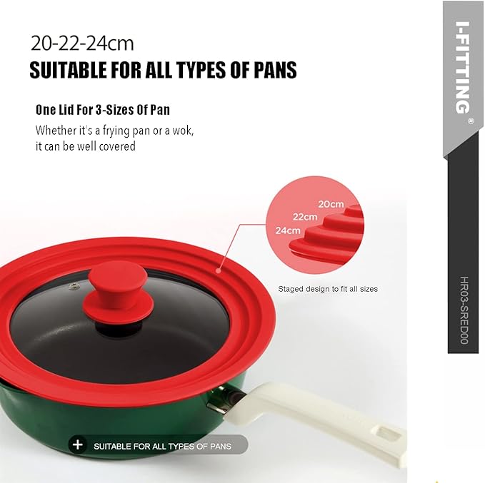 Universal Lid for Pot,Pan,Skillet Fits 6.5",7",8" Cookware Silicon lid Dishwasher Safe, Replacement Lid Vented Tempered Glass with Heat Resistant Silicone Rim By HR Huare Technology, Red,1 Pack