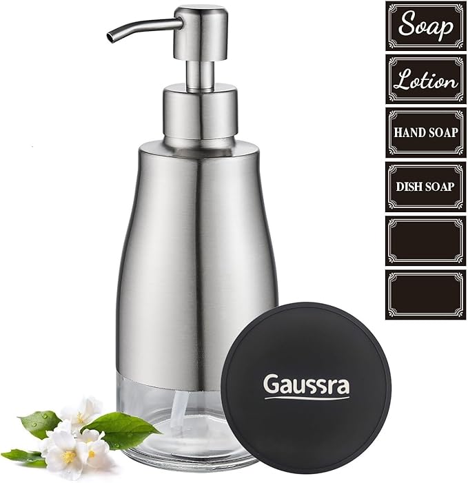 Soap Dispenser with Coaster and Stickers, Brushed Nickel Stainless Steel Case Glass Liner Hand Pump Dispenser, Refillable Liquid Hand Soap Dispenser for Bathroom & Kitchen (11OZ / 320ML)