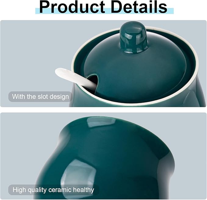 Ceramic Sugar Bowl with Lid and Spoon, Green Porcelain Sugar Salt Pepper Storage Jar, 8 Ounces