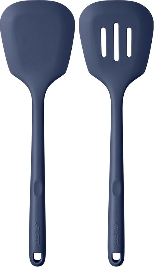 600ºF Heat Resistant Silicone Turners: U-Taste 13.6in Long Solid & Slotted Kitchen Spatula Flipper, Food Grade Wide & Large Flexible Cooking Utensils for Flipping Eggs, Pancakes (Midnight Blue, 2PCS)