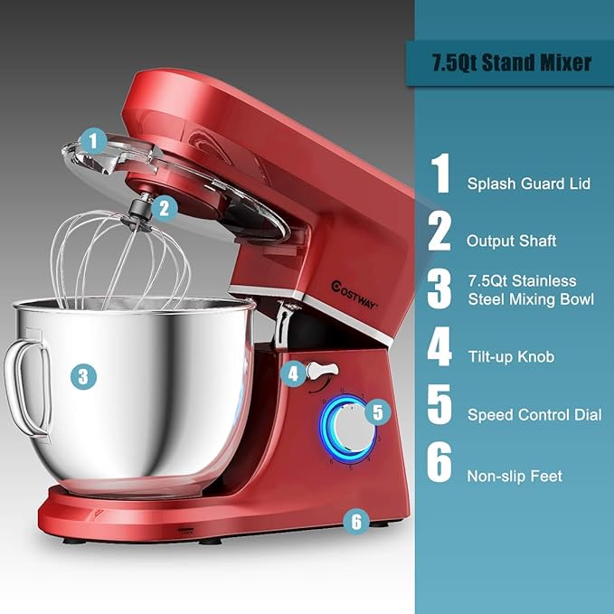 COSTWAY Stand Mixer, 6-Speed 7.5 QT Tilt-head Electric Kitchen Food Mixer 660W with Stainless Steel Bowl, Dough Hook, Beater, Whisk