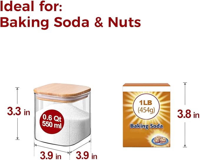 Glass Storage Jars with Bamboo Lid,Airtight Kitchen Canisters for Baking, Food Jar Container for Spices Cookie Tea Coffee Beans Snacks (4 pack 0.6qt)