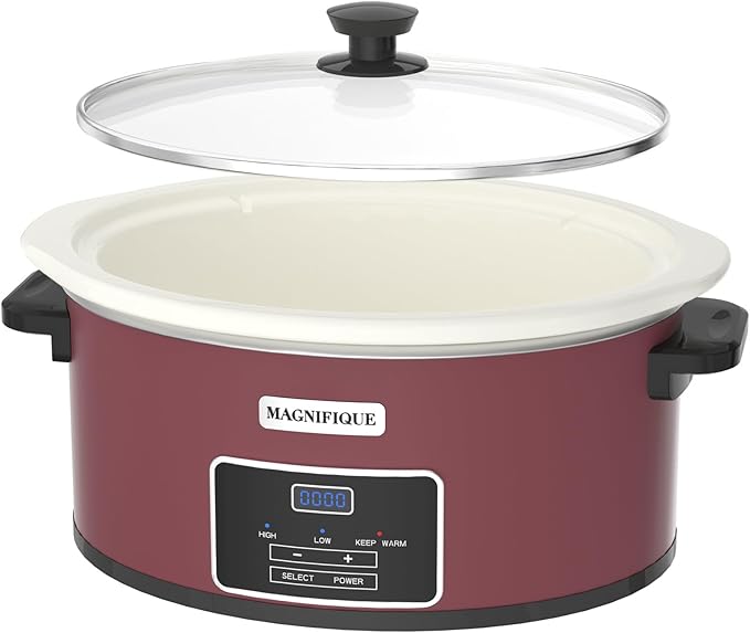 7-Quart Programmable Slow Cooker with Timer Keep Warm - Small Kitchen Appliance for Family Dinners - Serves 6+ People (Red Shell + White Ceramic Liner)