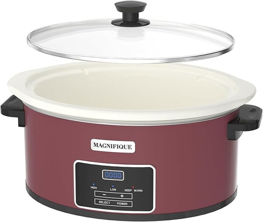 7-Quart Programmable Slow Cooker with Timer Keep Warm - Small Kitchen Appliance for Family Dinners - Serves 6+ People (Red Shell + White Ceramic Liner)