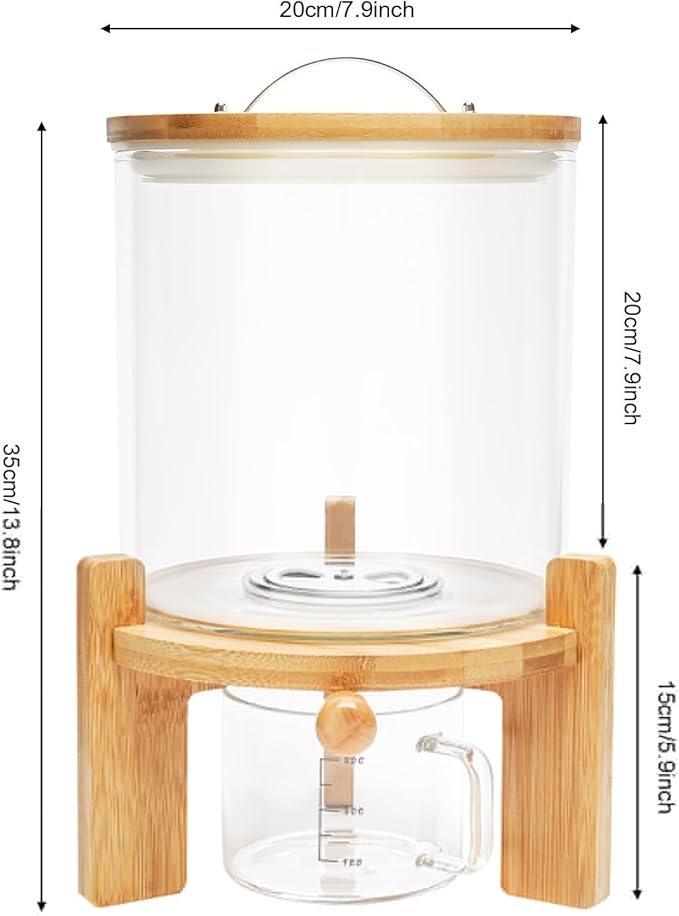 Flour and Cereal Container, Rice Dispenser, Creative Glass Food Storge Container for Kitchen Organization and Pantry Store, Airtight Lid and Wooden Stand (5L)