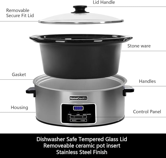 HOMECOOKIN 7-Quart Programmable Slow Cooker with Keep Warm Setting, Digital Timer - Perfect Kitchen Small Appliance for Family Dinners - Large Enough to Serve 8+ People