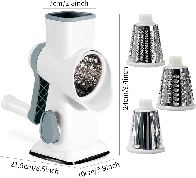 Rotary Cheese Grater Multi-Purpose Stainless Steel Cheese Shredder - Cheese Grater With Handle Effortless Grating of Carrots, Potatoes, Vegetables, and Fruits (White)