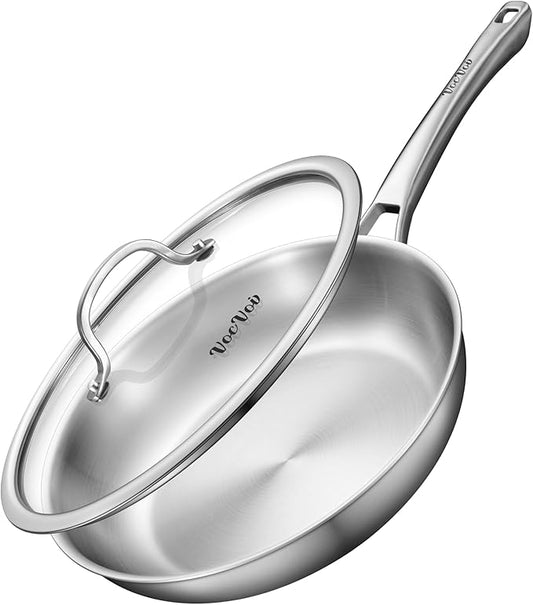 12 inch Tri-Ply Stainless Steel Frying Pan with LID,PFOA&PTFE Free Skillets,Chef's Pans,Dishwasher and Oven Safe Cookware, Works on Induction,Ceramic and Gas Cooktops