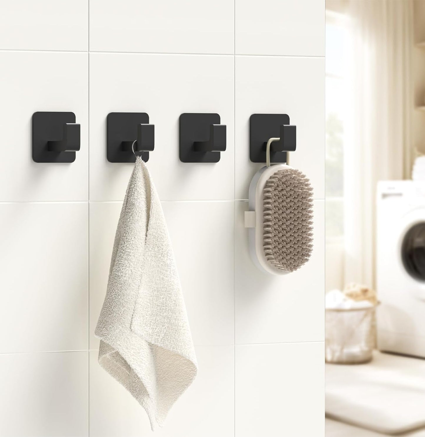 Square Self Adhesive Towel Hooks - 4 Pack Matte Black Metal Hooks, Right-Angle Design for Towels, Robes & Hats, Organize Bathroom, Kitchen, Entryway, Doors, Cabinets on Smooth Surfaces