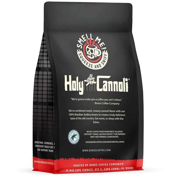 Bones Coffee Company Holy Cannoli, Baked Cannoli Flavored Coffee, Medium Roast Low Acid Arabica Beans Compatible with Auto drip and French Press Coffee Maker, 12 Oz Ground