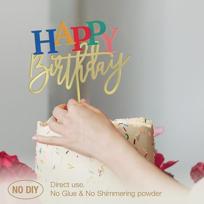 Acrylic Gold Happy Birthday Cake Topper, 7.5" x 6" Rainbow Birthday Cake Decoration (Gold)