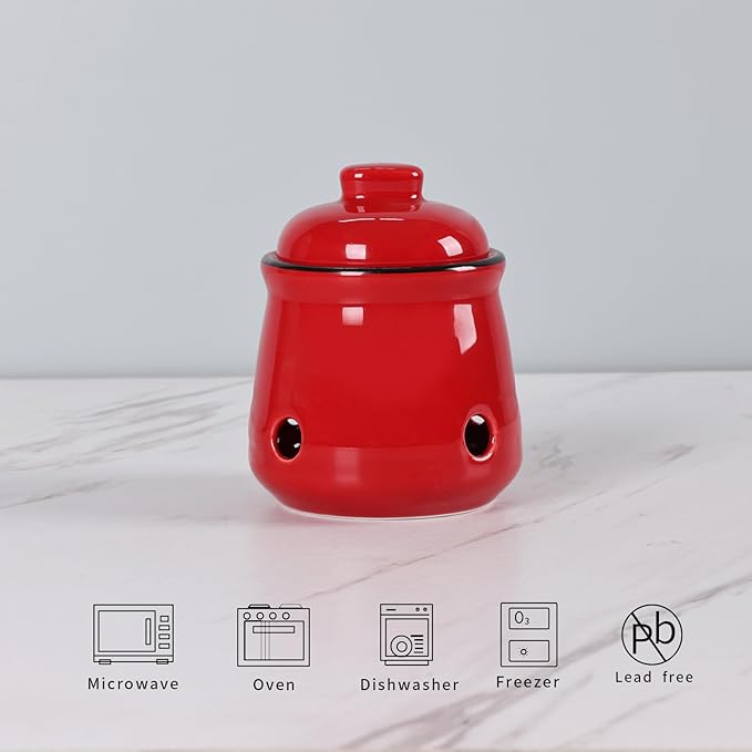 HAOTOP Ceramic Mini Garlic Keeper with Lid, Garlic Container Saver for Countertop, Keep Your Garlic Cloves Fresh (Red)