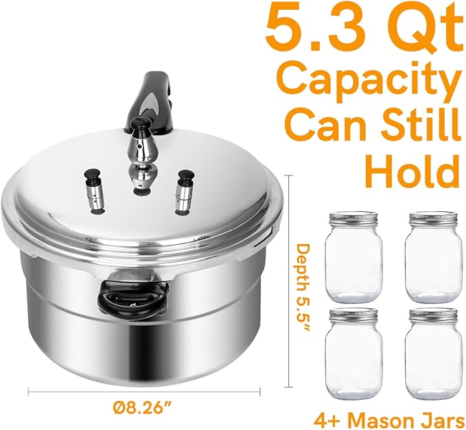 5.3 Quart Pressure Cooker, 10 Psi Induction Compatible Pressure Canner w/Multiple Pressure Control & Protection, Canning Rack Included