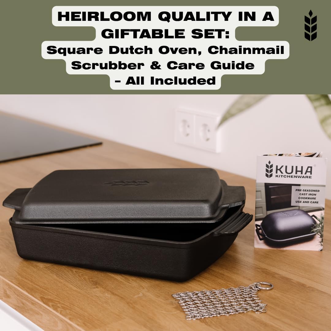 Kuha 2-in-1 Square Cast Iron Dutch Oven, 6 QT – Skillet Lid & Casserole Dish, Pre-Seasoned 13×9 Baking/Roasting Pan, Oven-Grill-Campfire Safe, Comes with Chainmail Scrubber