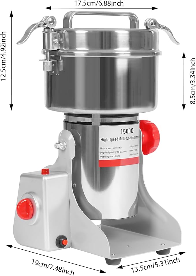 Electric Grain Mill Grinder, 1500g/3.31lbs High-speed 30000r/min Food Grinder, 110V 4100W Countertop Grain Mill for Dry Spice Herbs Grains Coffee Rice Pepper (1500g)