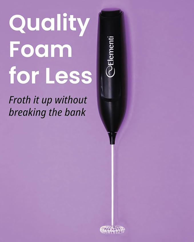 Elementi Powerful Frother Wand – Lightweight Milk Frother & Drink Mixer Handheld, Matcha Whisk for Dreamy Lattes, Powerful Coffee Mixer Wand & Blender Stirrer - Make Creamy Cappuccinos at Home (Black)