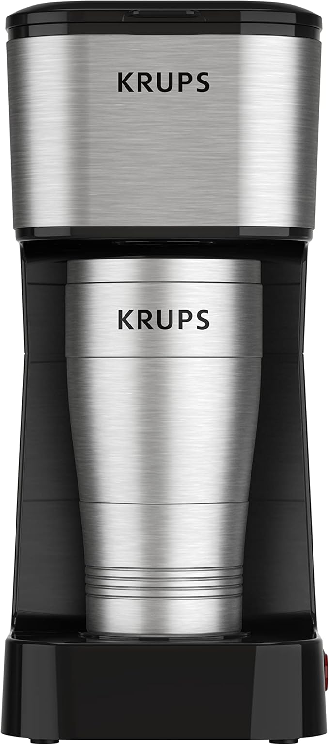 KRUPS: 2 Cup Coffee Maker, Simply Brew Stainless Steel Single Serve Drip Coffee Machine and Travel Tumbler 14 Ounce Stainless Steel Tumbler Included 650 Watts Coffee Filter, Compact Silver and Black