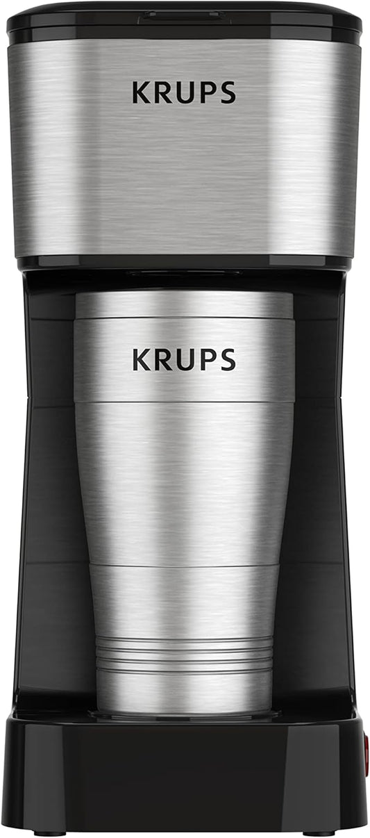 KRUPS: 2 Cup Coffee Maker, Simply Brew Stainless Steel Single Serve Drip Coffee Machine and Travel Tumbler 14 Ounce Stainless Steel Tumbler Included 650 Watts Coffee Filter, Compact Silver and Black