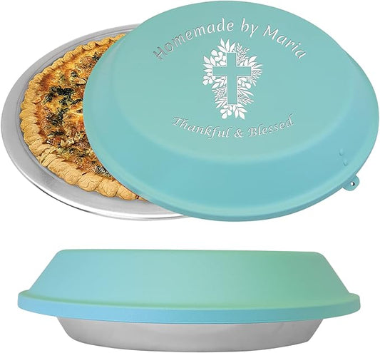 Personalized Aluminum Pie Pan with Lid Customized Cake Pan Bake Tray Engraved With Custom Name Text Monogram - Wedding, Engagement, Anniversary, Housewarming, Birthday, Bridal Shower Gift(Teal)