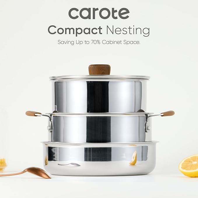 CAROTE 10pcs Stainless Steel Cookware Set with Detachable Handle, Pots and Pans Set, Induction Kitchen Cooking Sets, RV/Camping Cookware, Removable Handle, Oven Safe, Woodgrain