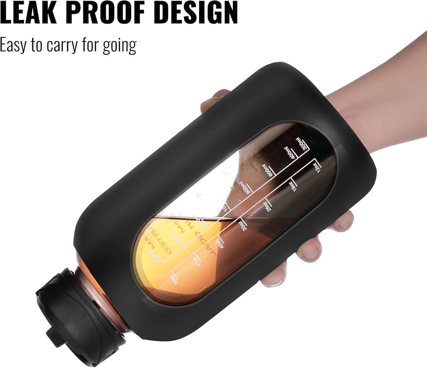 CIVAGO 64 oz Glass Water Bottle Jug with Straw and Handle, Half Gallon Sports Motivational Water Bottle with Time Marker, Wide Mouth Water Flask Canteen with Silicone Sleeve for Gym,Camelia