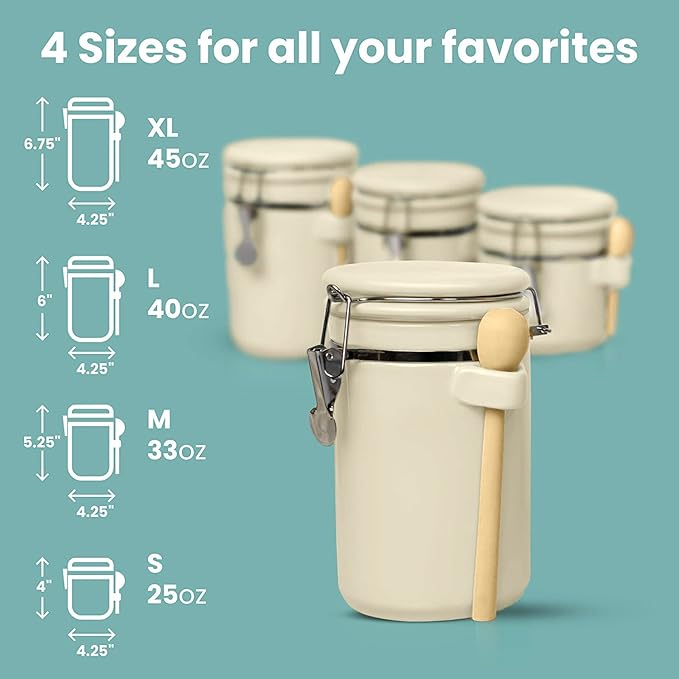 Home Intuition 4-Piece Ceramic Kitchen Canisters Set, Airtight Containers with Wooden Spoons Reusable Chalk Labels and Marker for Sugar, Coffee, Flour, Tea (Off White)