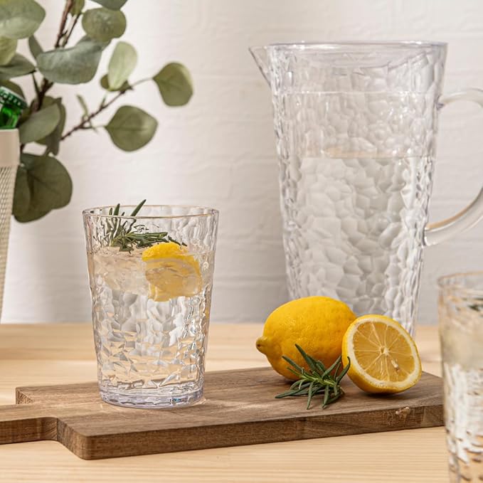 Bzyoo 74oz Clear ChillCraft Water Jug, BPA-Free Pitcher with Lid, Hammered Glass-Style Durable Plastic, Ripple Effect Design, Easy-Pour Spout, Ideal for Orange Juice, Iced Tea, Infused Waters