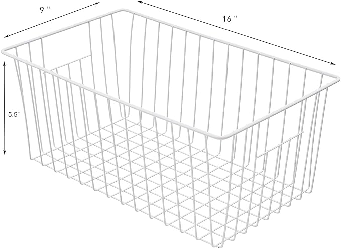 16inch Farmhouse Freezer Wire Baskets Organizer Storage Bins Large Organizer Baskets with Handles for Storage, Office, Kitchen, Pantry, Cabinet, Closets - Set of 6 (White 6)