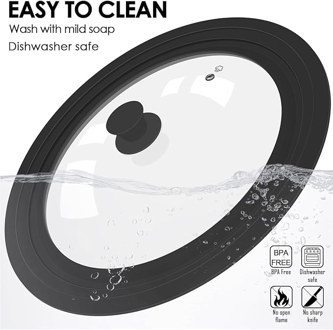 Universal Lid for Pots, Pans and Skillets, Tempered Glass Lid fit 10", 11", 12" Skillets, Pots, Frying Pans, Cast Iron, Crock Pot and Other Glass Covers Replacement