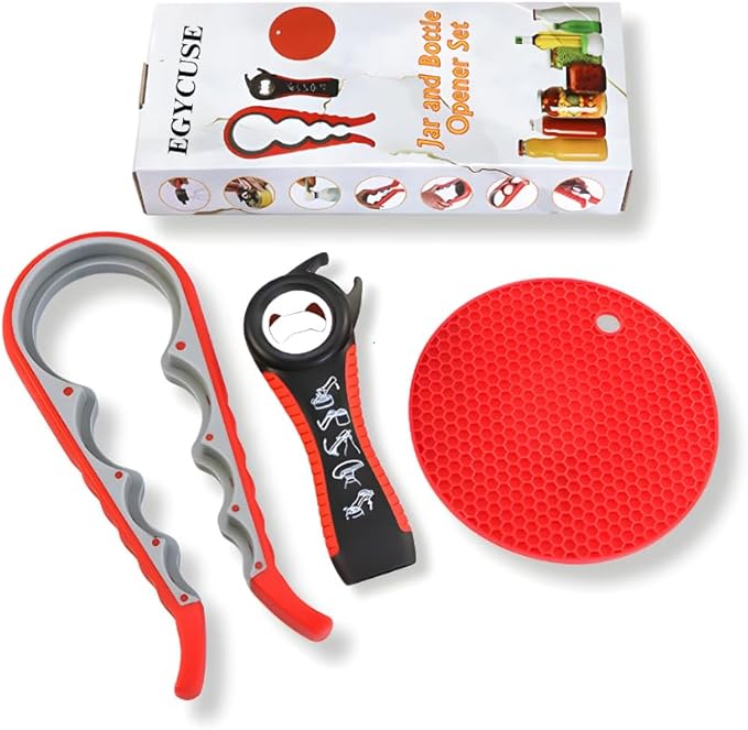 Jar Opener Bottle Opener for Elderly Sufferers Children Weak Hands Seniors with Arthritis Can Opener Jar Lid Opener Jar Gripper Pad Silicone Handle 5-in-1 Multi-functional 3 Pc Set