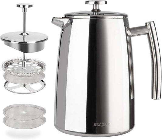 Secura French Press Coffee Maker, 34-Ounce, 304 Stainless Steel Insulated Coffee Press with Extra ScreenSecura French Press Coffee Maker, 34-Ounce, 304 Stainless Steel Insulated Coffee Press with Extra Screen