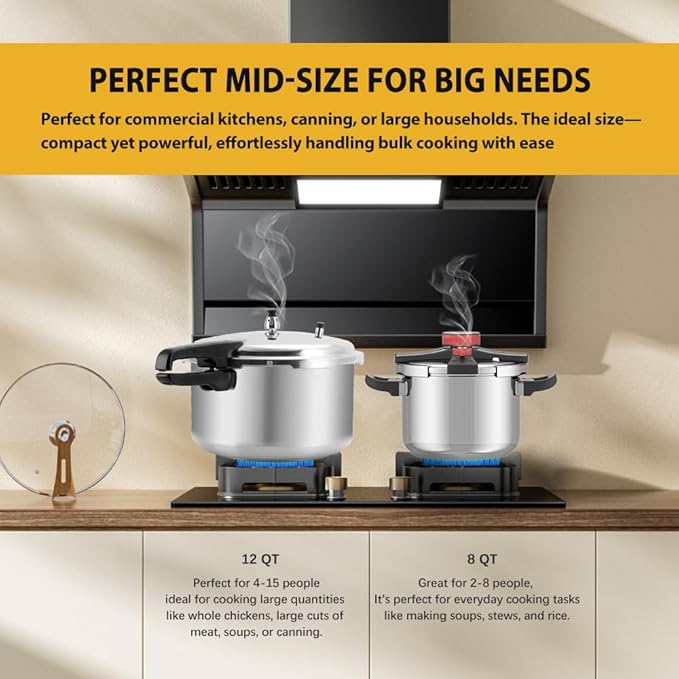 BreeRainz 12 Quart Pressure Cooker, Aluminum Pressure Canner w/Cooking Rack for Steaming,Canning and Stewing, Silver