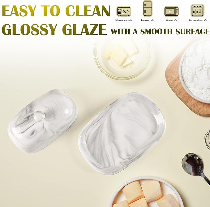 Yundu Grey Marble Butter Dish with Lid, Ceramics Butter Keeper Container, Perfect for East/West Butter