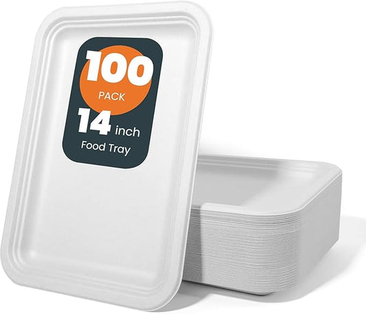 100 Pack 14 Inch Disposable Compostable Food Trays, Heavy-Duty White Paper Plates for Crawfish Boil, Lobster, Thanksgiving, Parties, Large Serving Platters