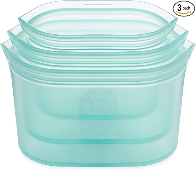 Zip Top Reusable Food Storage Bags | 3 Dish Set [Teal] | Silicone Meal Prep Container | Microwave, Dishwasher and Freezer Safe | Made in the USA