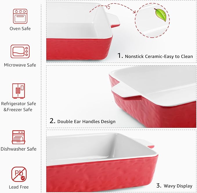 4 QT Baking Dish, Casserole Dishes for Oven, 9x13 Baking Pan with Handles, Lasagna Pan Deep, Ceramic Casserole Dish Oven Safe for Baking, Lasagna, Kitchen, Wedding Gift (Red)