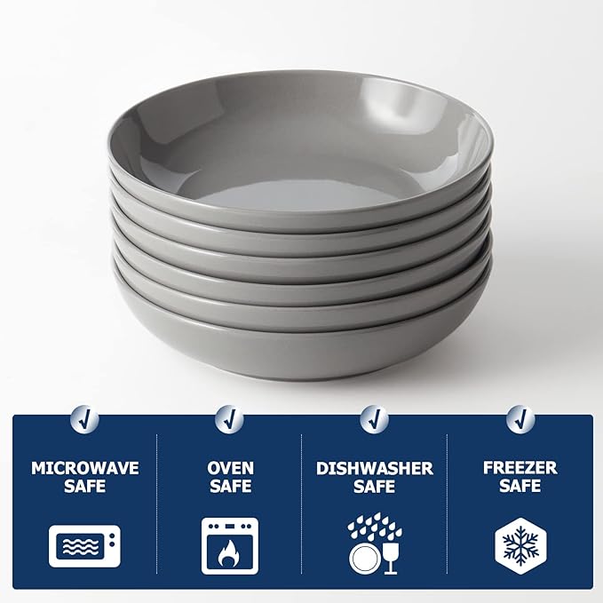 Y YHY 8.5'' Pasta Bowls Set of 6, 30oz Large Salad Serving Bowls for Kitchen, Porcelain Wide Shallow Soup Bowl Plates for Dinner, Microwave Dishwasher Safe, Matte Gray