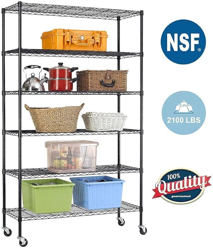 FDW 48"L×18"W×82"H Wire Shelving Unit Storage Cart Metal Shelf Rolling Utility Cart 2100Lbs Capacity with 6 Tier Casters Adjustable Layer Rack Strong Steel for Restaurant Garage Pantry Kitchen,Black