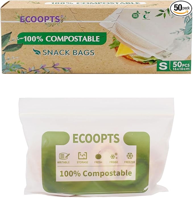 100% Compostable Snack Zip Bag | ECO-Friendly Small Storage Bags | Freezer Bag | Plant-Based BPA-free | Seal well for Cookie, Chips and Snack (1, Small)