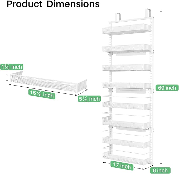 Over the Door Pantry Organizer - 8 Tier Adjustable Hanging Door Spice Rack, Large Capacity for Kitchen Pantry Storage (White)
