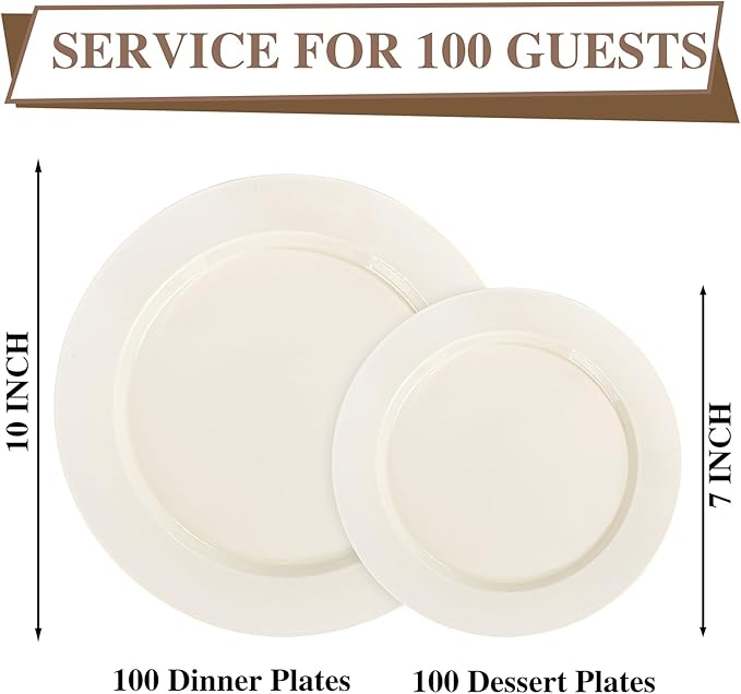I00000 200 Pcs Ivory Plastic Plates, Disposable Party Plates Include 100 Ivory Dinner Plate 10’’ and 100 Plastic Dessert Plate 7’’ Perfect for Birthday, Party & Wedding