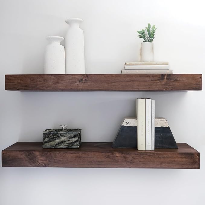 Modern Floating Shelves 3 Inches Thick for Wall, Wide Shelves for Kitchen, Living Room, Bedroom, and Bathroom, Natural Pine Wood, Rustic Wooden Shelf, (Set of 2) (Provincial, 24Lx3Hx8D)