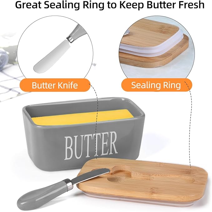 Ceramic Butter Dish with Wooden Lid, Large Butters Container Keeper Storage with Stainless Steel Knife Spreader, Bamboo Cover and Silicone Sealing Ring for West East Coast, Grey