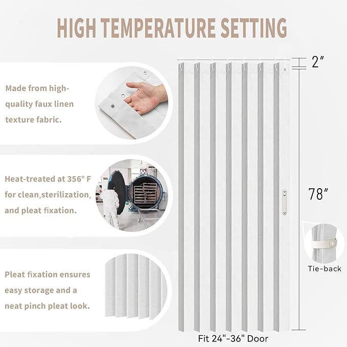 Vatge Accordion Door Curtains for Closet, Laundry Room Curtain for Doorway, Hallway Curtain for Space Privacy, 1 Panel with Tieback, W39 x L78, Stone White