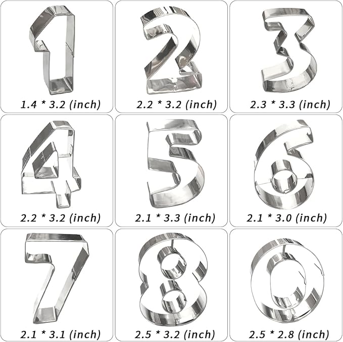 Number Cookie Cutters Shapes 9pcs, Sturdy Basic Biscuit Cutters Set with Dough Cutter, Metal Birthday Cookie Cutters for Holiday Baking Decorating
