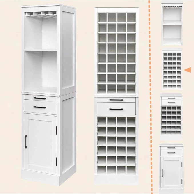 WERSMT 8-Tier Wine Rack Freestanding Floor, 32 Bottles Wood Wine Rack Counter for Small Space, Farmhouse Stackable Modular Wine Bottle Holder Rack, White