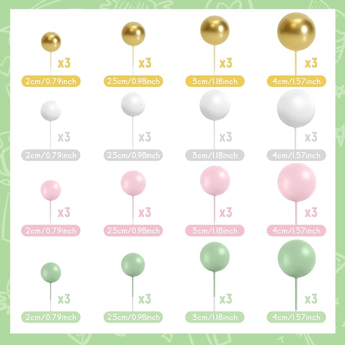 48 Pcs Balls Cake Topper Decorations Balloon Cupcake Toppers Foam Cake Topper Balls Cake Balls Decorations for Birthday Party Wedding Cake Decorating(Green,Pink,White,Gold)