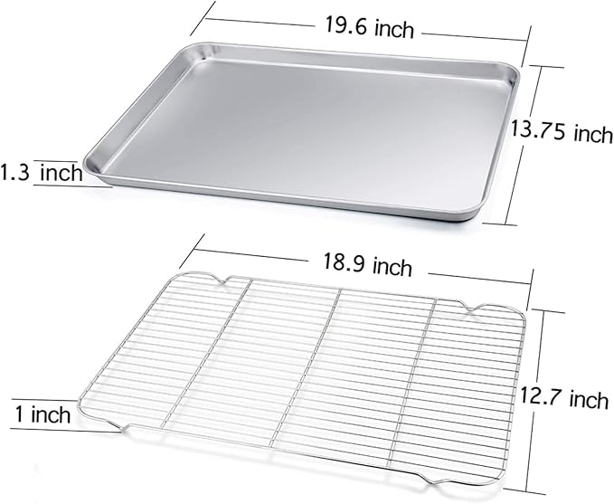 TeamFar Baking Sheet with Rack Set of 4, 20’’×14’’×1.2’’, Half Size Stainless Steel Cookie Sheet Baking Pans with Cooling Rack Set, Non Toxic & Rust Free, Mirror Finish & Easy Clean, 2 Pans & 2 Racks